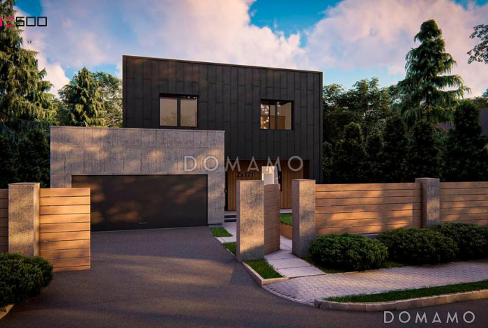 Проект двухэтажного загородного дома с гаражом, входом на кухню из гостиной и прихожей, кладовой, санузлом под лестницей