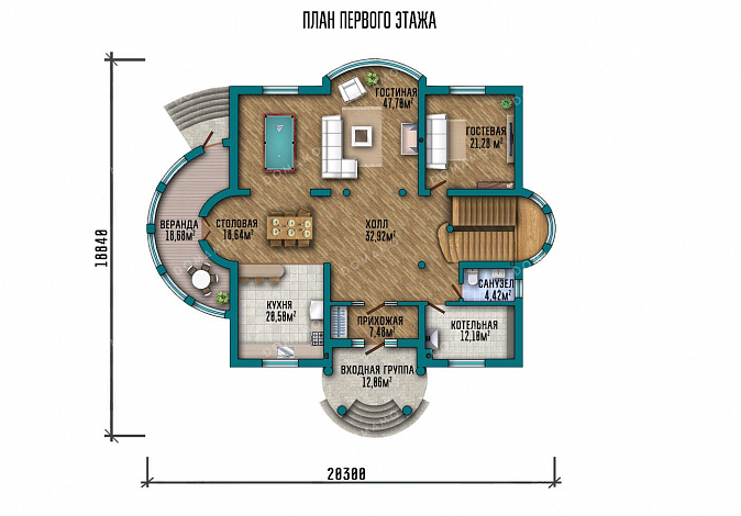 Проект двухэтажного дома с мансардой, четырьмя спальнями и балконом / План 1 этажа