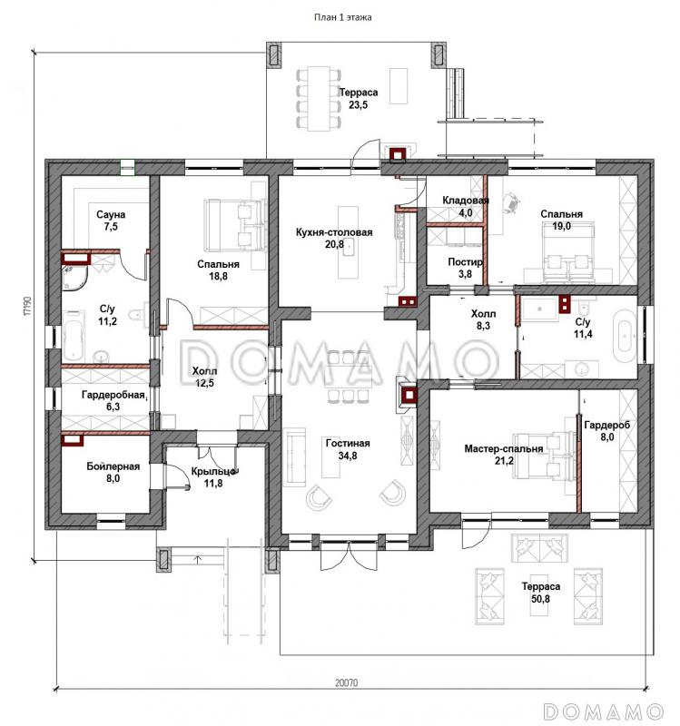 Проект одноэтажного дома с двумя террасами, кухней и гостиной в центральной части дома, сауной / План 1 этажа