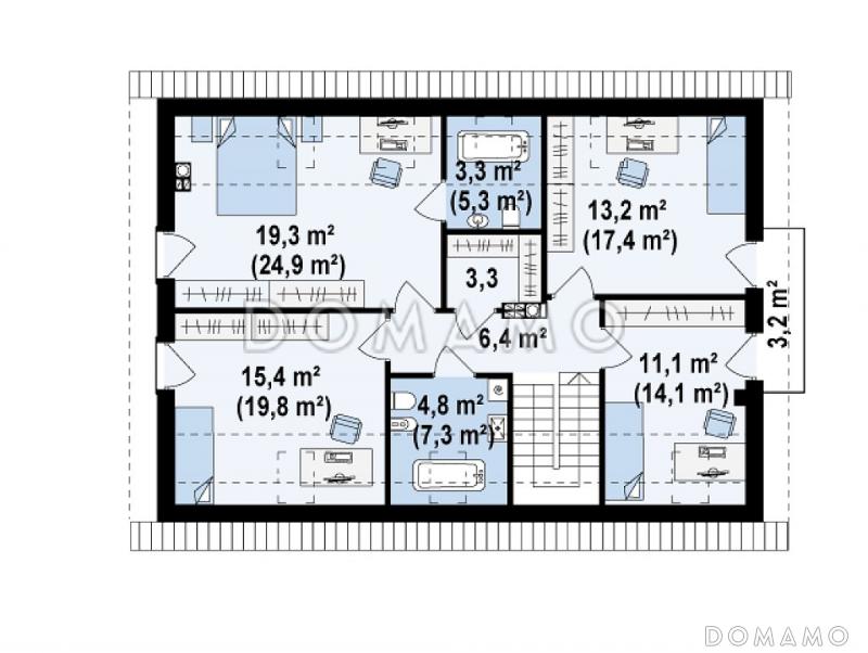 Проект одноэтажного мансардного дома из кирпича с кабинетом, четырьмя спальнями, техническим помещением и гаражом / План мансардного этажа