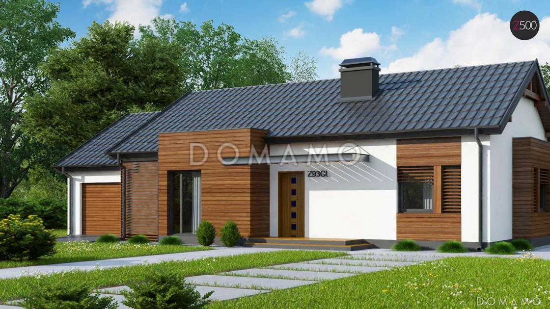 Проект одноэтажного дома из газобетона с современными фасадами, эркерами и гаражом / 1