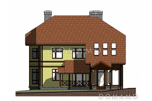 Проект двухэтажного дома с эркером и зимним садом, бильярдной и тренажерным залом на цокольном этаже / Фасад 1