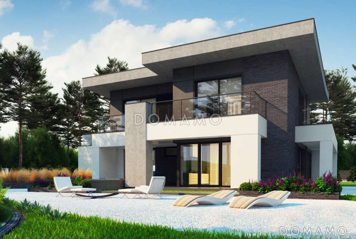 Проект современного двухэтажного дома из кирпича с пятью спальнями, с гаражом для двух автомобилей и террасами на обоих уровнях Проект современного двухэтажного дома из кирпича с пятью спальнями, с гаражом для двух автомобилей и террасами на обоих уровнях