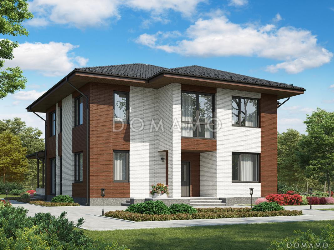 Проект двухэтажного дома из газобетона с крытой террасой, просторной гостиной с камином / 1