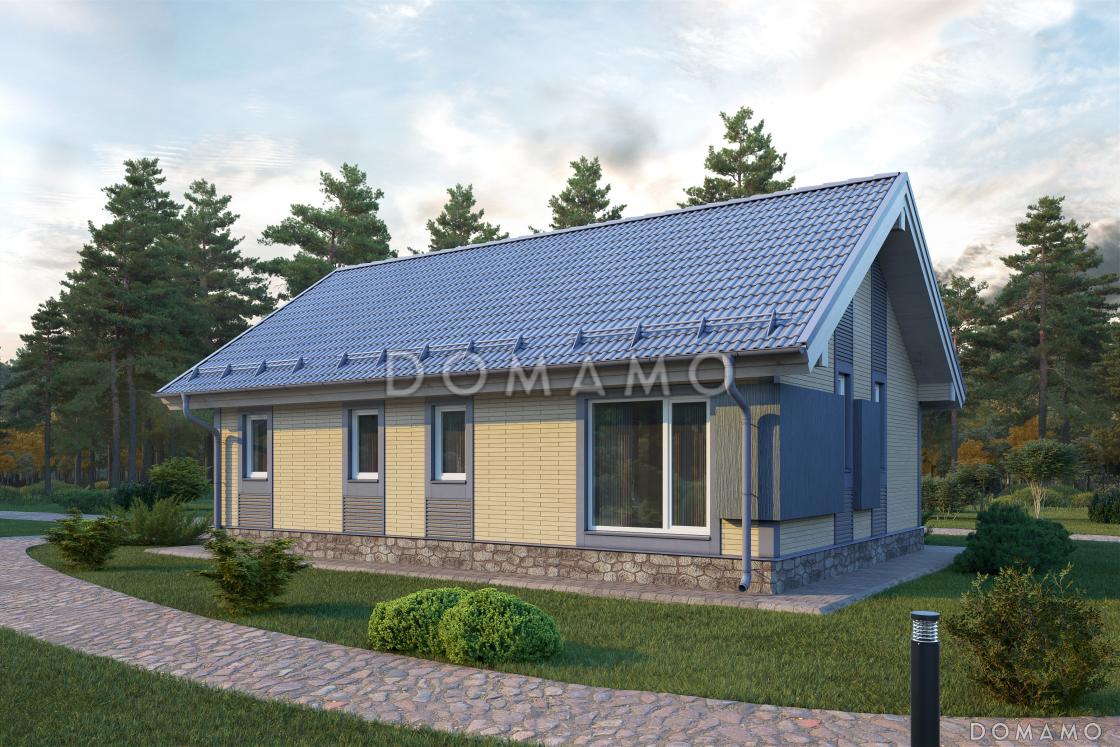 Проект одноэтажного дома из деревянного кирпича с двумя спальнями и небольшой открытой террасой / 2