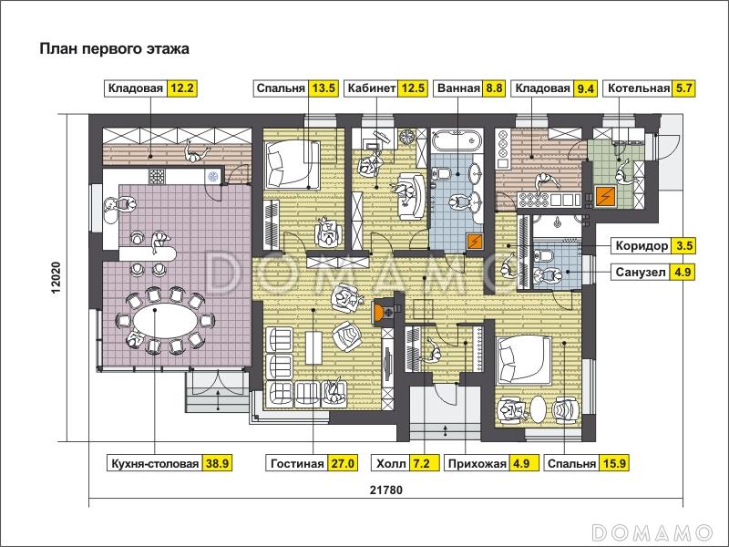 Проект одноэтажного дома с просторной кухней-столовой, кабинетом, кладовыми / План 1 этажа