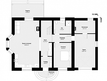 Проект дома с 4 спальнями, эркером в гостиной, террасой и пристроенным гаражом / План 1 этажа Проект дома с 4 спальнями, эркером в гостиной, террасой и пристроенным гаражом / План 1 этажа