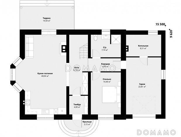 Проект дома с 4 спальнями, эркером в гостиной, террасой и пристроенным гаражом / План 1 этажа Проект дома с 4 спальнями, эркером в гостиной, террасой и пристроенным гаражом / План 1 этажа