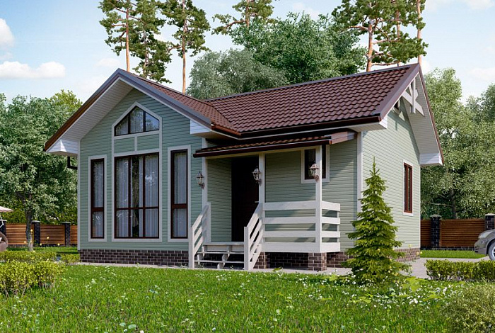 Проект  одноэтажного дома из клееного бруса с окнами в пол