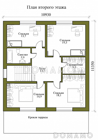 Проект двухэтажного дома с совмещенной кухней-столовой и гостиной, четырьмя спальнями и крытой террасой / План 2 этажа
