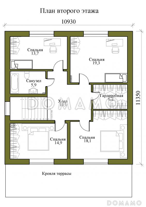 Проект двухэтажного дома с совмещенной кухней-столовой и гостиной, четырьмя спальнями и крытой террасой / План 2 этажа