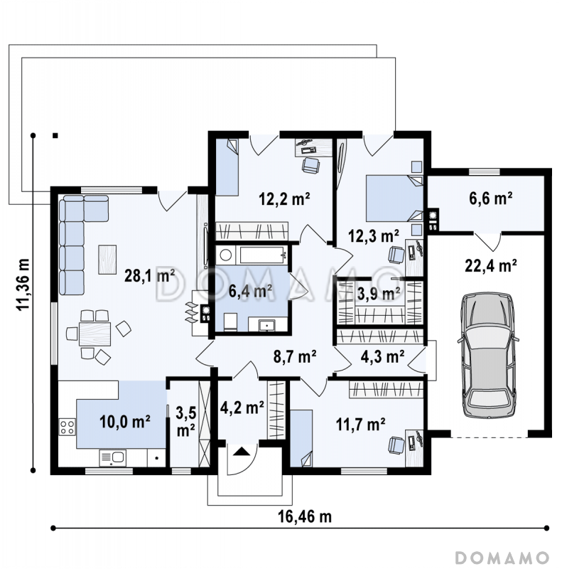 Проект комфортного одноэтажного дома из кирпича с гаражом и тремя спальнями / План 1 этажа