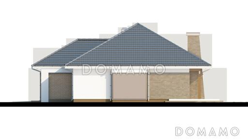 Проект одноэтажного дома из кирпича со стеклянным эркером в столовой зоне, четырьмя спальнями и гаражом / Фасад 2