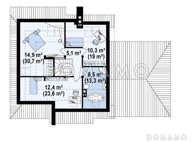 Проект одноэтажного мансардного дома из кирпича с кабинетом, тремя спальнями и гаражом / План мансардного этажа