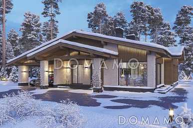 Проект дома из газобетона с навесом для автомобилей, мастер-спальней, совмещенной гостиной-столовой и кухней