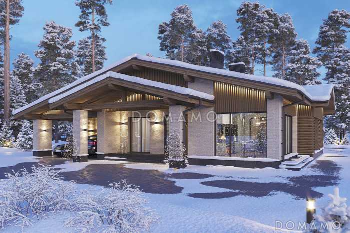 Проект дома из газобетона с навесом для автомобилей, мастер-спальней, совмещенной гостиной-столовой и кухней Проект дома из газобетона с навесом для автомобилей, мастер-спальней, совмещенной гостиной-столовой и кухней