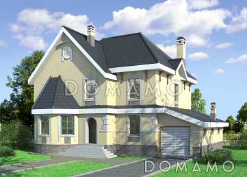 Проект кирпичного дома с эркером в виде полубашенки на главном фасаде