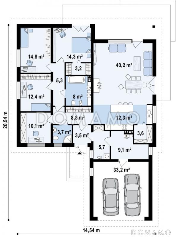 Проект удобного одноэтажного дома из газобетона с тремя спальнями, кабинетом и фронтальным гаражом  / План 1 этажа