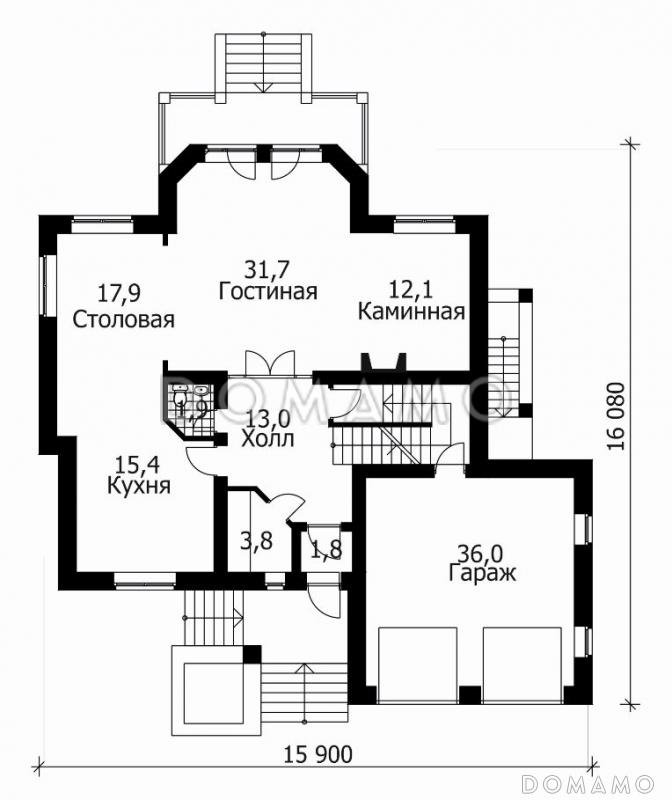 Проект дома из кирпича с эркером и гаражом на 2 машины / План 1 этажа