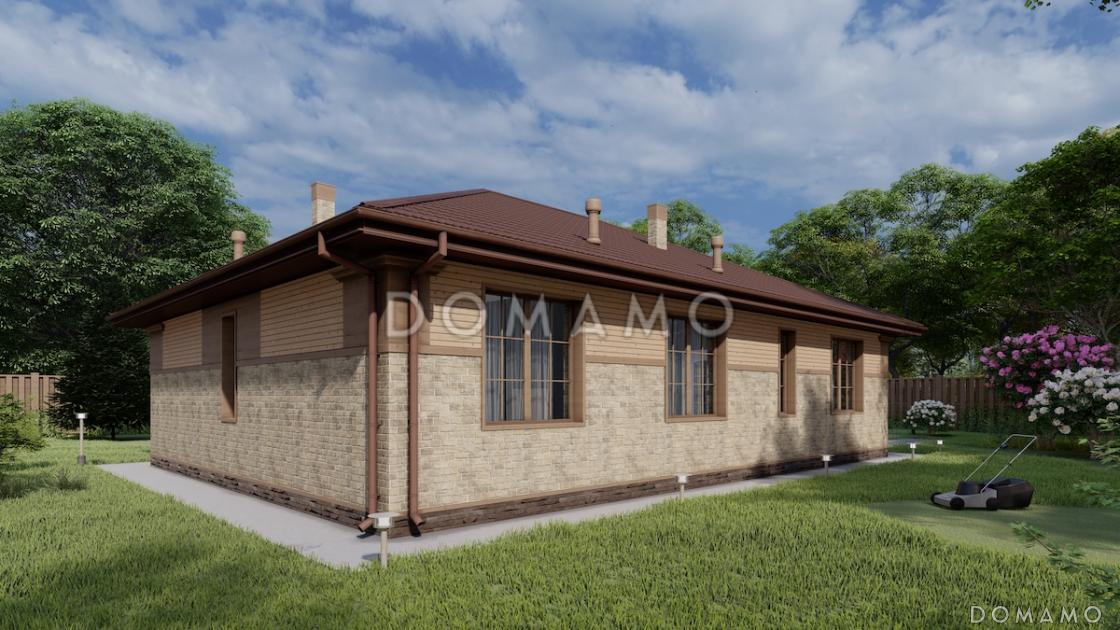 Проект одноэтажного дома с тремя спальнями, объединенной гостиной-кухней, небольшой террасой и хозяйственным помещением / 3