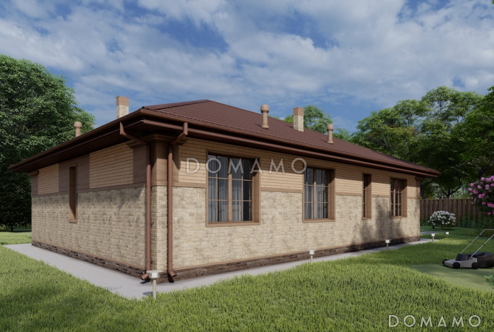 Проект одноэтажного дома с тремя спальнями, объединенной гостиной-кухней, небольшой террасой и хозяйственным помещением Проект одноэтажного дома с тремя спальнями, объединенной гостиной-кухней, небольшой террасой и хозяйственным помещением