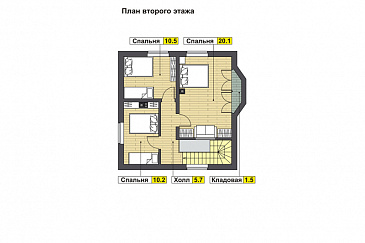 Проект дома с гостевой на первом этаже, гостиной с кухней-столовой, крытой террасой, кладовой в эркере мансардного этажа / План мансардного этажа Проект дома с гостевой на первом этаже, гостиной с кухней-столовой, крытой террасой, кладовой в эркере мансардного этажа / План мансардного этажа
