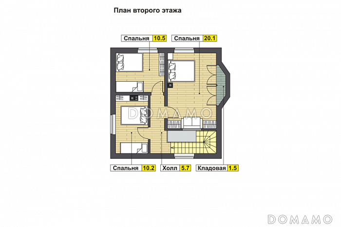 Проект дома с гостевой на первом этаже, гостиной с кухней-столовой, крытой террасой, кладовой в эркере мансардного этажа / План мансардного этажа Проект дома с гостевой на первом этаже, гостиной с кухней-столовой, крытой террасой, кладовой в эркере мансардного этажа / План мансардного этажа