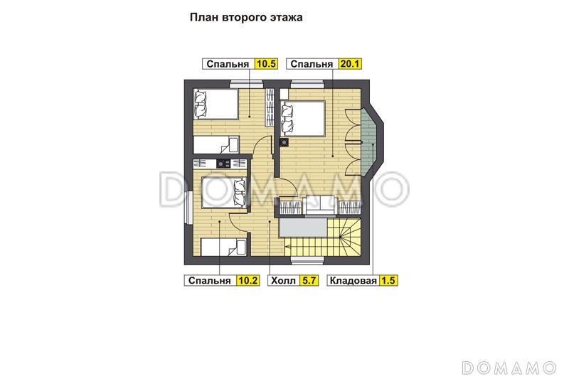 Проект дома с гостевой на первом этаже, гостиной с кухней-столовой, крытой террасой, кладовой в эркере мансардного этажа / План мансардного этажа
