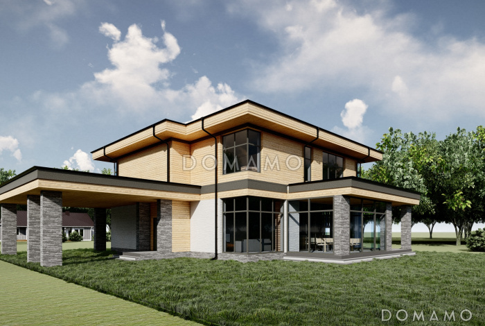 Проект просторного дома с навесом, верандой, сауной, 4 спальнями и кабинетом Проект просторного дома с навесом, верандой, сауной, 4 спальнями и кабинетом