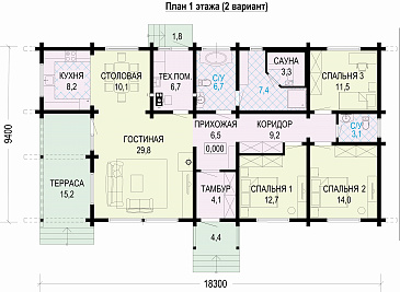 Проект одноэтажного дома из бруса с 3 спальнями и сауной / План 1 этажа Проект одноэтажного дома из бруса с 3 спальнями и сауной / План 1 этажа