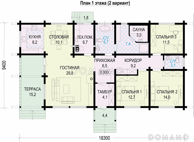 Проект одноэтажного дома из бруса с 3 спальнями и сауной / План 1 этажа Проект одноэтажного дома из бруса с 3 спальнями и сауной / План 1 этажа