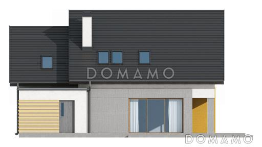 Проект одноэтажного мансардного дома из газобетона с большой гостиной, гаражом и частично крытой террасой / Фасад 1