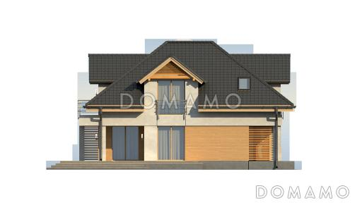 Проект одноэтажного мансардного дома из кирпича с кабинетом, гаражом и комнатой над гаражом / Фасад 1