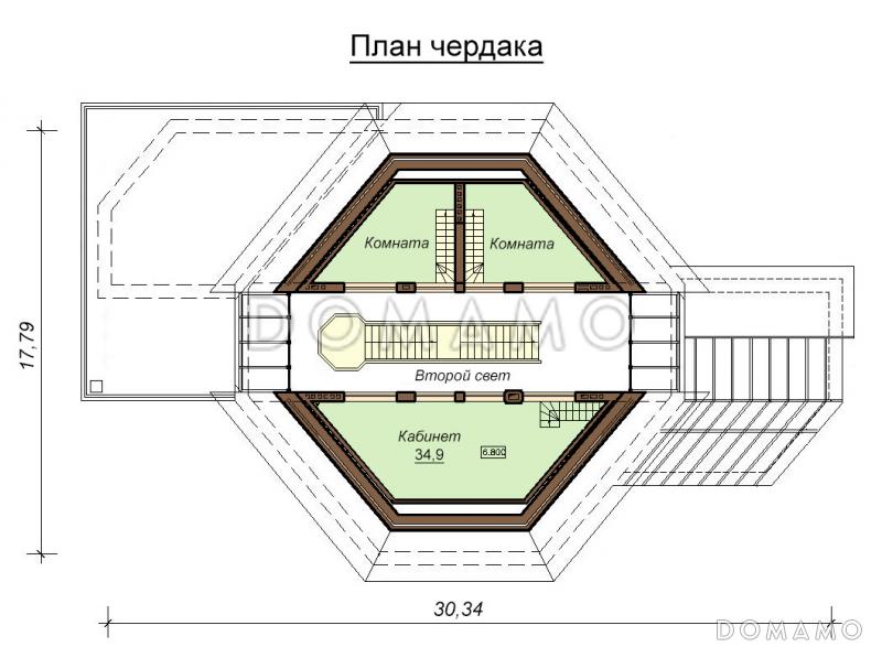 Проект двухэтажного дома с цокольным этажом, гаражом и бассейном / План мансардного этажа