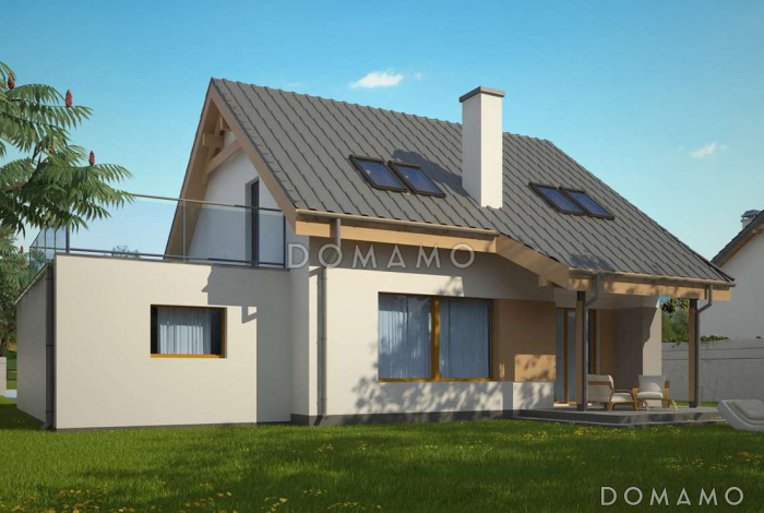 Проект одноэтажного мансардного дома из газобетона с пристроенным гаражом и террасой над ним