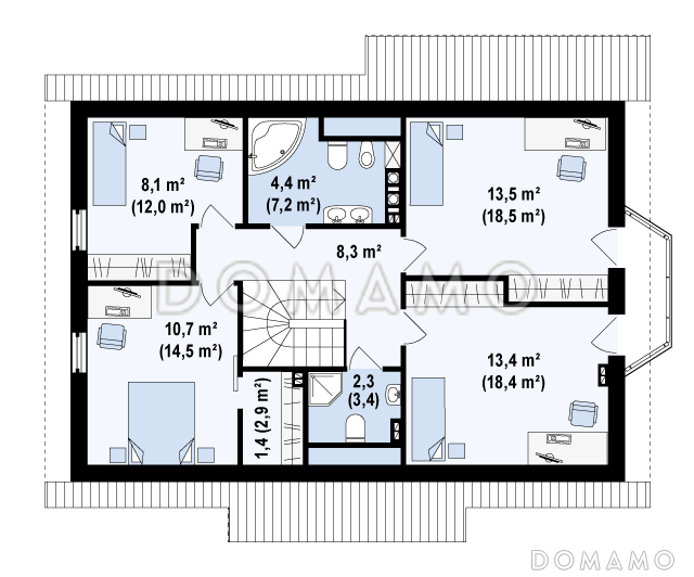 Проект одноэтажного мансардного дома из газобетона с эркером в столовой зоне и со встроенным гаражом / План мансардного этажа