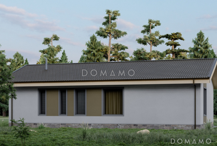 Проект одноэтажной бани с панорамным остеклением, крытой террасой, спальней