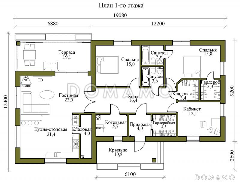 Проект одноэтажного каркасного дома с двумя спальнями, гардеробными, кладовой на кухне и крытой террасой / План 1 этажа