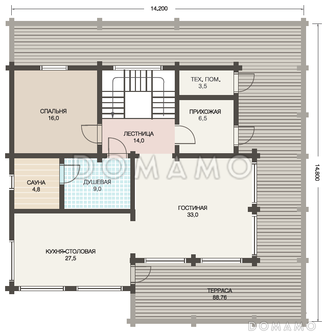 Проект коттеджа в скандинавском стиле из клееного бруса / План 1 этажа