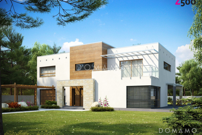 Проект современного двухэтажного дома в стиле хай-тек из кирпича с плоской крышей, гаражом и балконом Проект современного двухэтажного дома в стиле хай-тек из кирпича с плоской крышей, гаражом и балконом