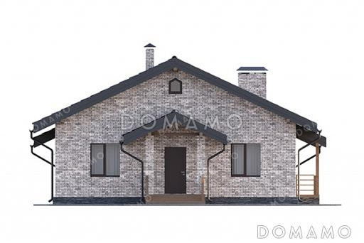 Проект выразительного одноэтажного дома с двухскатной крышей в разных уровнях, большой террасой и вторым светом / Фасад 3