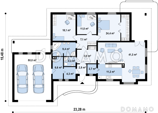 Проект одноэтажного дома из кирпича с просторной гостиной и с большим пристроенным гаражом / План 1 этажа