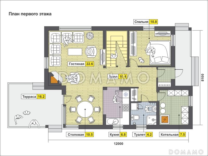 Проект загородного дома из панелей СИП с открытой террасой, небольшой кухонной зоной, вторым светом, балконом и лоджией / План 1 этажа