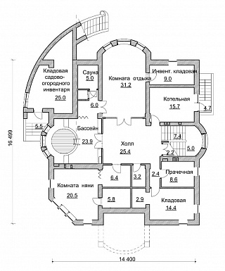 Проект коттеджа в стиле модерн с парадным балконом / План цокольного этажа Проект коттеджа в стиле модерн с парадным балконом / План цокольного этажа