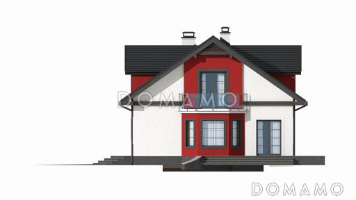 Проект одноэтажного мансардного дома из кирпича с кабинетом, эркером, балконом над ним и гаражом / Фасад 3