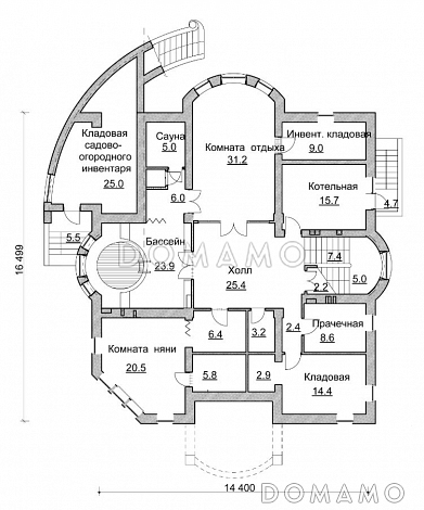 Проект коттеджа в стиле модерн с парадным балконом / План цокольного этажа Проект коттеджа в стиле модерн с парадным балконом / План цокольного этажа