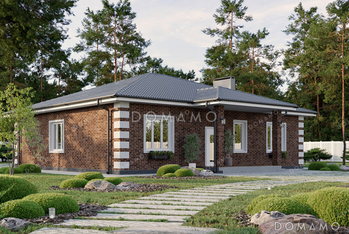 Проект одноэтажного дома в классическом стиле с угловой террасой, большой кухней-гостиной и четырьмя спальнями Проект одноэтажного дома в классическом стиле с угловой террасой, большой кухней-гостиной и четырьмя спальнями