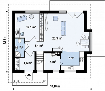 Проект небольшого одноэтажного мансардного дома из кирпича с дополнительной комнатой на первом этаже и эркером / План 1 этажа Проект небольшого одноэтажного мансардного дома из кирпича с дополнительной комнатой на первом этаже и эркером / План 1 этажа