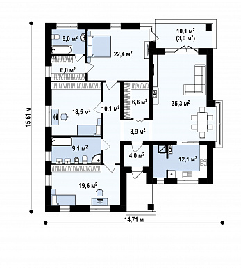 Проект дома с хозяйской спальней, кухней с кладовой, ванной с окном / План 1 этажа