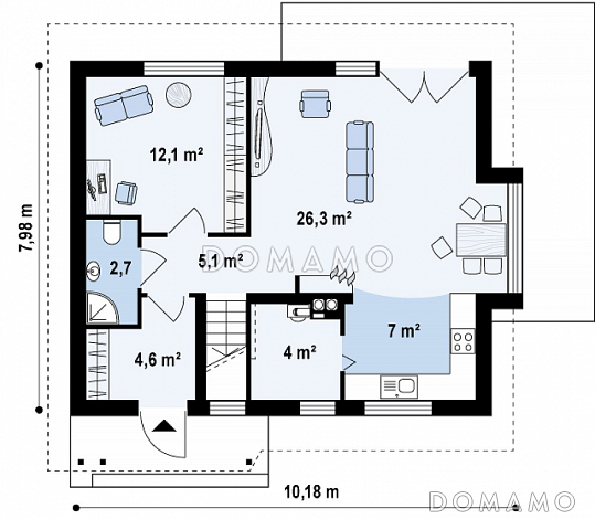 Проект небольшого одноэтажного мансардного дома из кирпича с дополнительной комнатой на первом этаже и эркером / План 1 этажа Проект небольшого одноэтажного мансардного дома из кирпича с дополнительной комнатой на первом этаже и эркером / План 1 этажа
